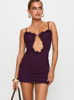 side view of model wearing Princess Polly Sire Cut Out Mini Dress Purple Sweetheart Neckline 