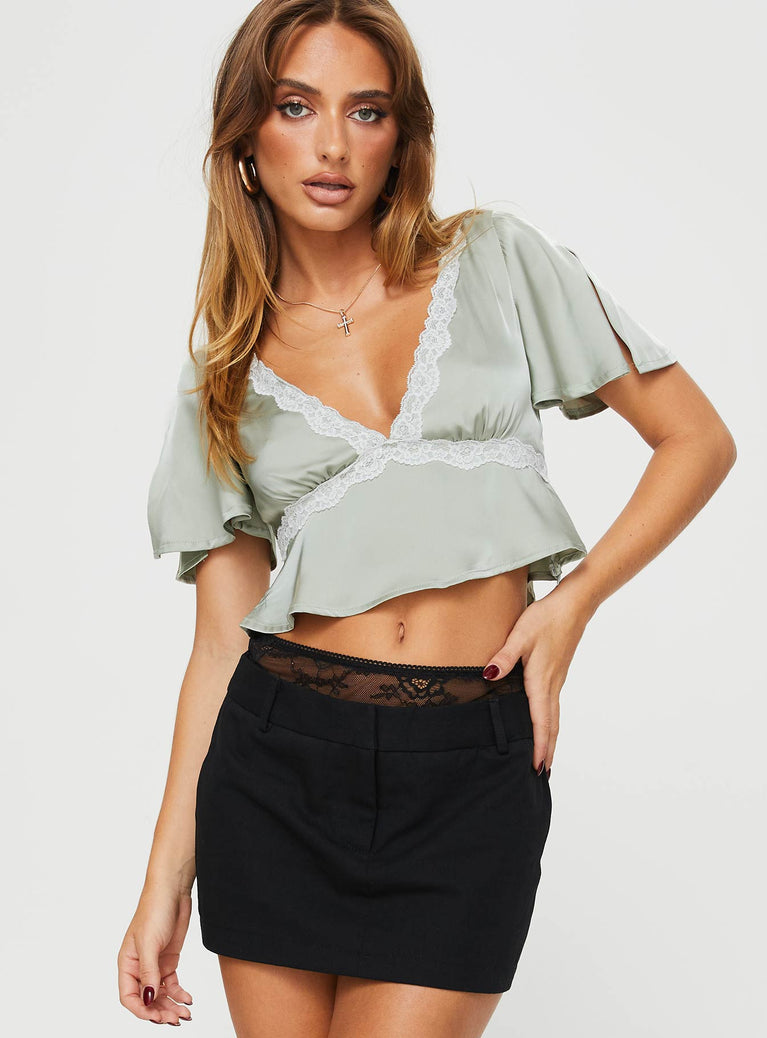 Crop top Silk material look, relaxed fit sleeves with slit, v neckline, lace trim detail, invisible zip fastening