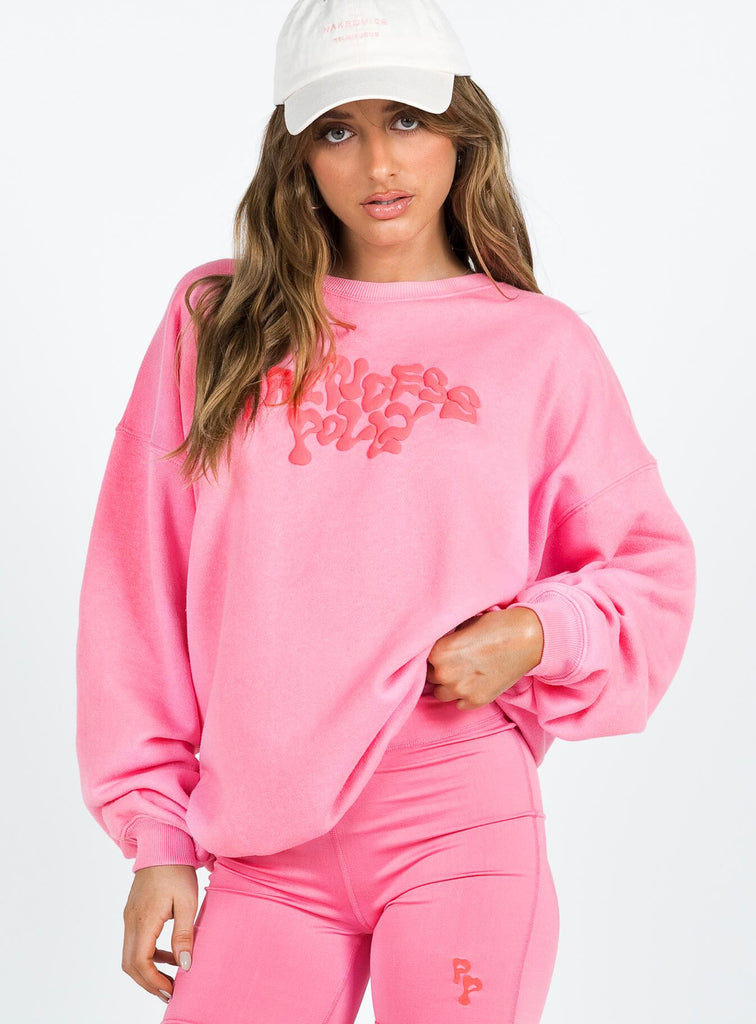 Princess Polly Crew Neck Sweatshirt Squiggle Text Watermelon Pink / Ro