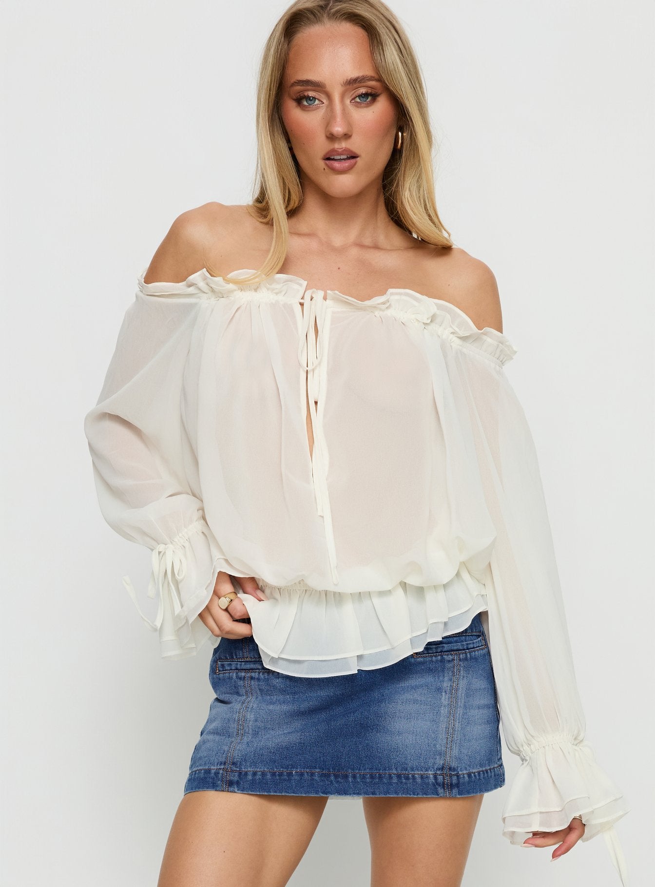 Madelina Frill Long Sleeve Top Cream | Princess Polly