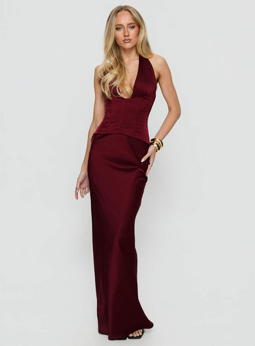 In A Trance Halter Corset Maxi Dress Red