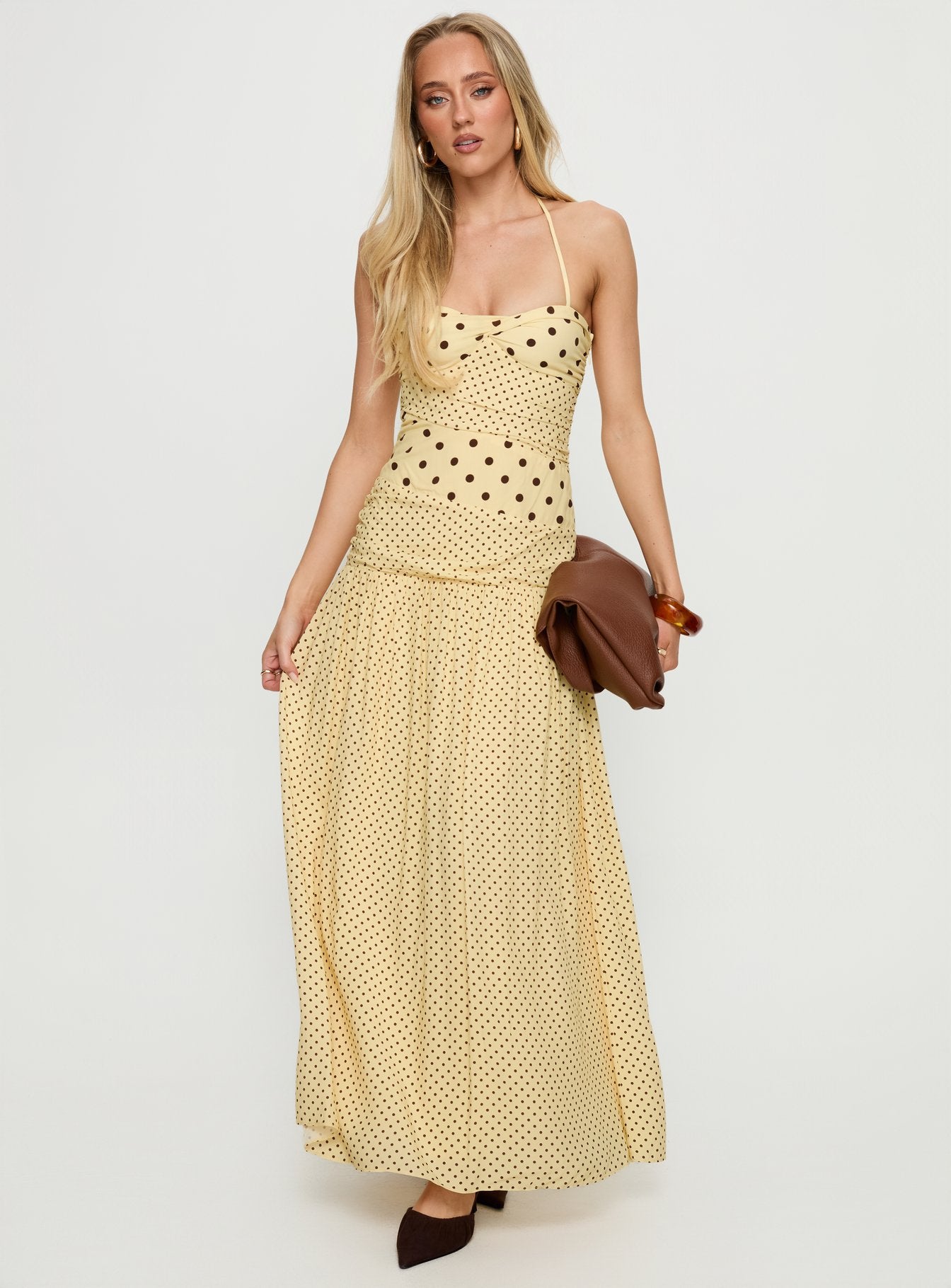 Marguerite Halter Maxi Dress Lemon | Brown Polka Dot | Lemon | Brown Polka Dot | Womens | Princess Polly Lower Impact Marguerite Halter Maxi Dress Lemon | Brown Polka Dot | Lemon | Brown Polka Dot | Womens | Princess Polly Lower Impact