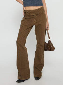 back view of model wearing Princess Polly Thrill Ride Mid Rise Corduroy Flare Jeans Washed Brown Mid Rise Jeans 