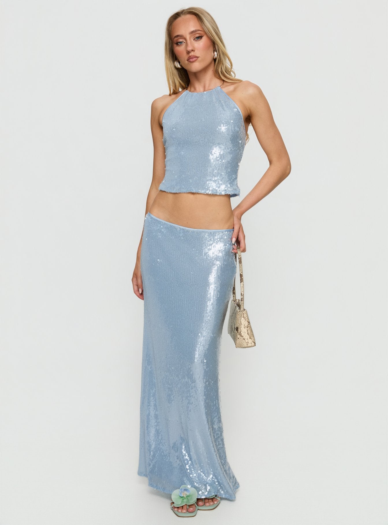   front view of model wearing Princess Polly Emalia Sheer Sequin Maxi Skirt Blue 