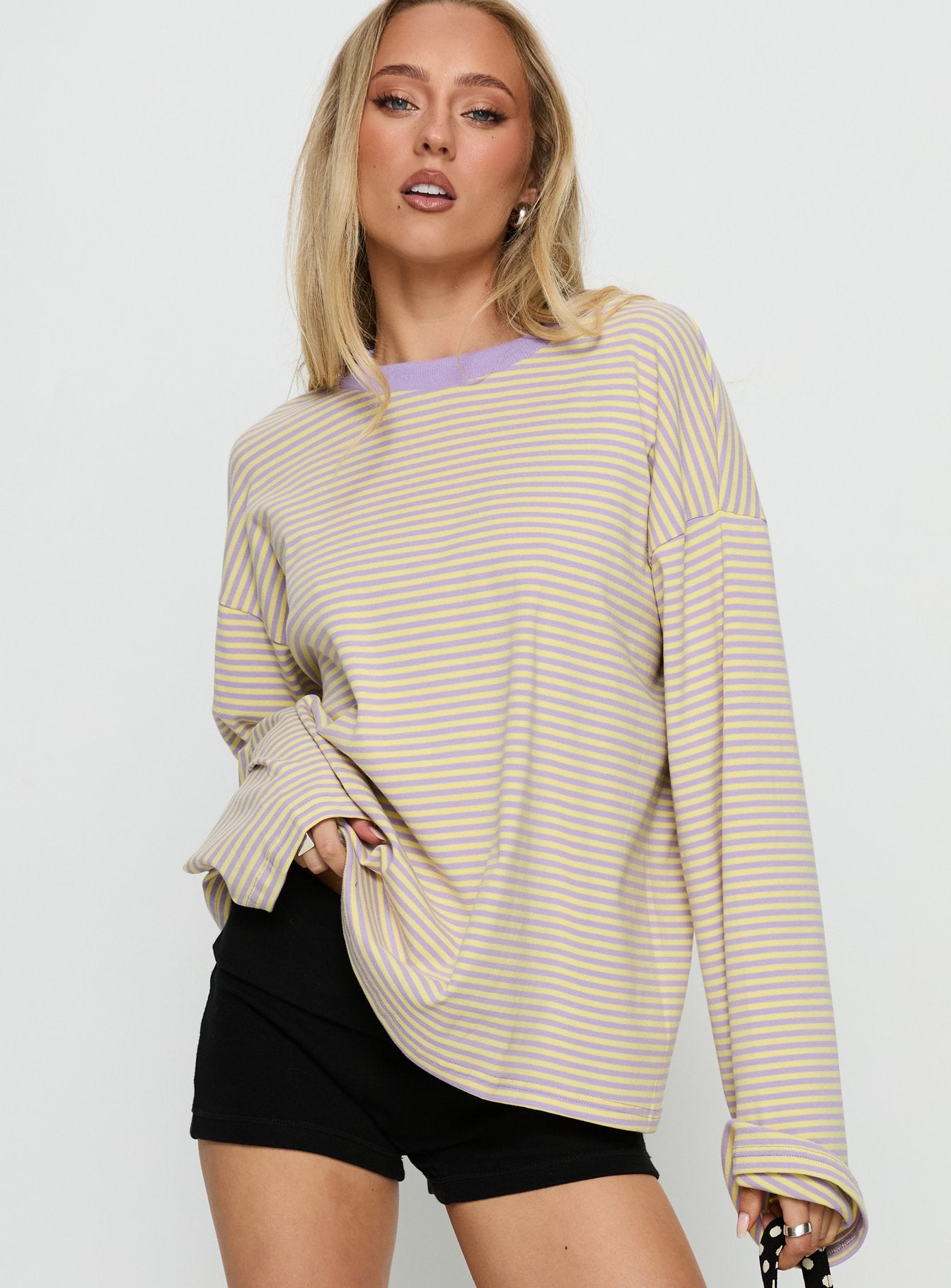 Settle Down Long Sleeve Top Lilac / Lemon Stripe | Princess Polly