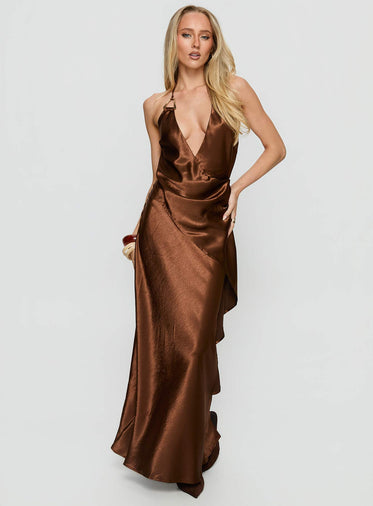 Annissa Plunge Halter Maxi Dress Dark Brown