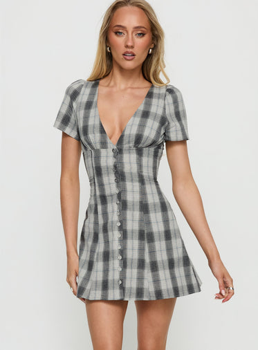 Twist Of Fate V Neck Mini Dress Navy Plaid