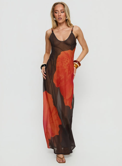 Carita Sheer Chiffon Maxi Dress Brown / Orange Floral
