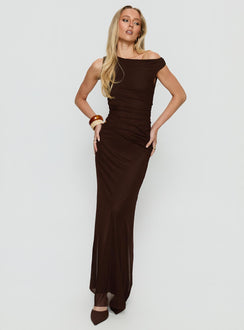 Krystyna Off Shoulder Ruched Maxi Dress Chocolate | Princess Polly Krystyna Off Shoulder Ruched Maxi Dress Chocolate | Princess Polly
