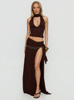   front view of model wearing Princess Polly Spirita Beaded Sarong Maxi Skirt Brown Maxi Skirts 