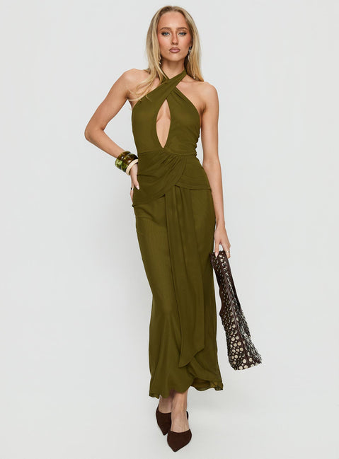 Feliza Keyhole Halter Maxi Dress | Olive | Womens | Princess Polly Feliza Keyhole Halter Maxi Dress | Olive | Womens | Princess Polly