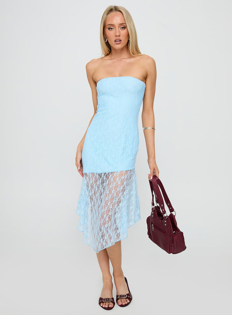 Nonchalant Strapless Lace Midi Dress Blue | Princess Polly Nonchalant Strapless Lace Midi Dress Blue | Princess Polly