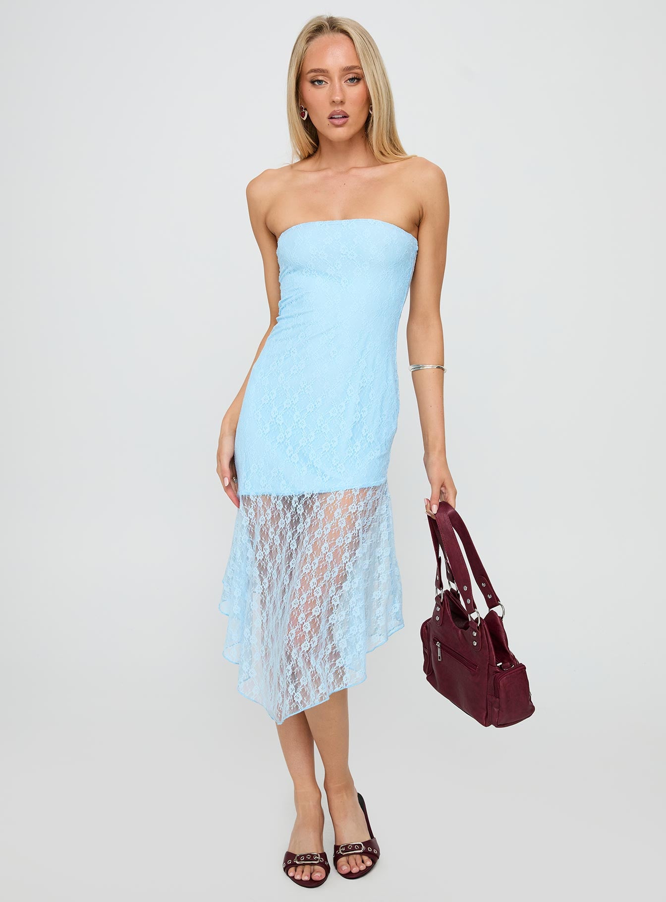 Nonchalant Strapless Lace Midi Dress Blue