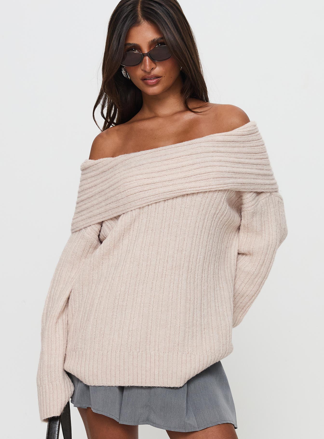 side view of model wearing Princess Polly Mirrelle Off Shoulder Knit Sweater Beige Long 