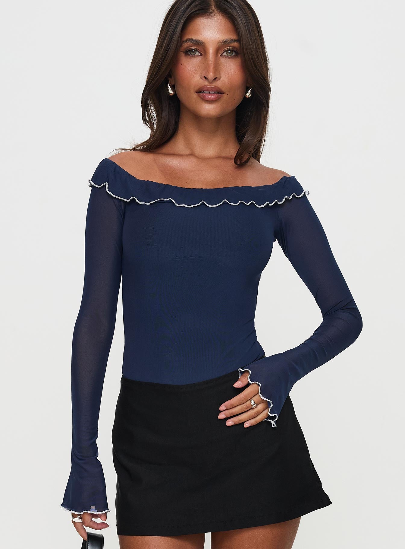 front view of model wearing Princess Polly Arsema Off The Shoulder Bodysuit Navy Full Sleeves 