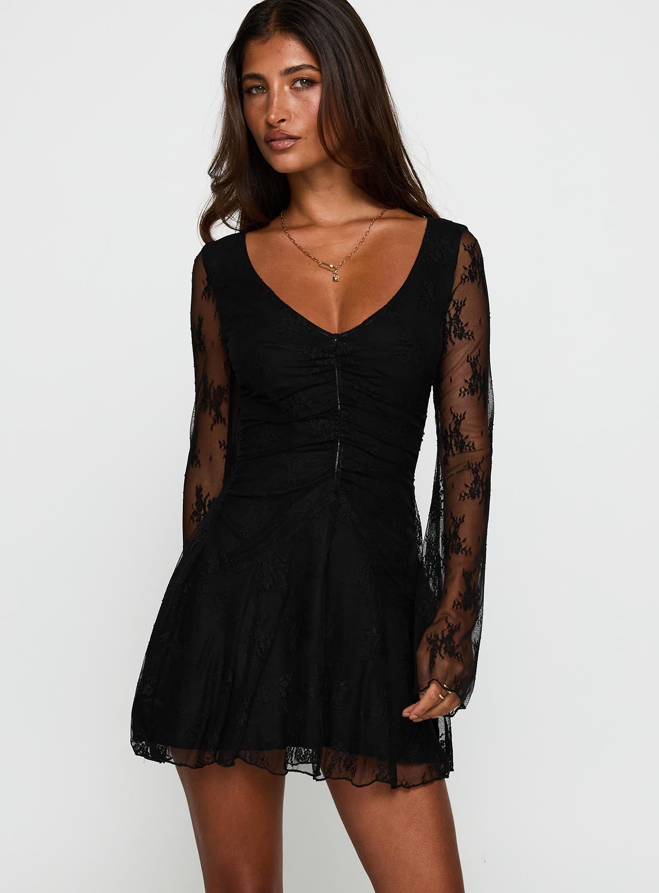 front view of model wearing Princess Polly Kateryna Long Sleeve Lace Mini Dress Black V-Neck 