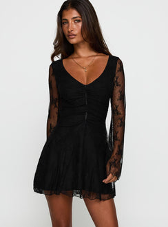 front view of model wearing Princess Polly Kateryna Long Sleeve Lace Mini Dress Black V-Neck 
