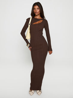 front view of model wearing Princess Polly Gyselle Long Sleeve Maxi Dress Brown Boat Neck 