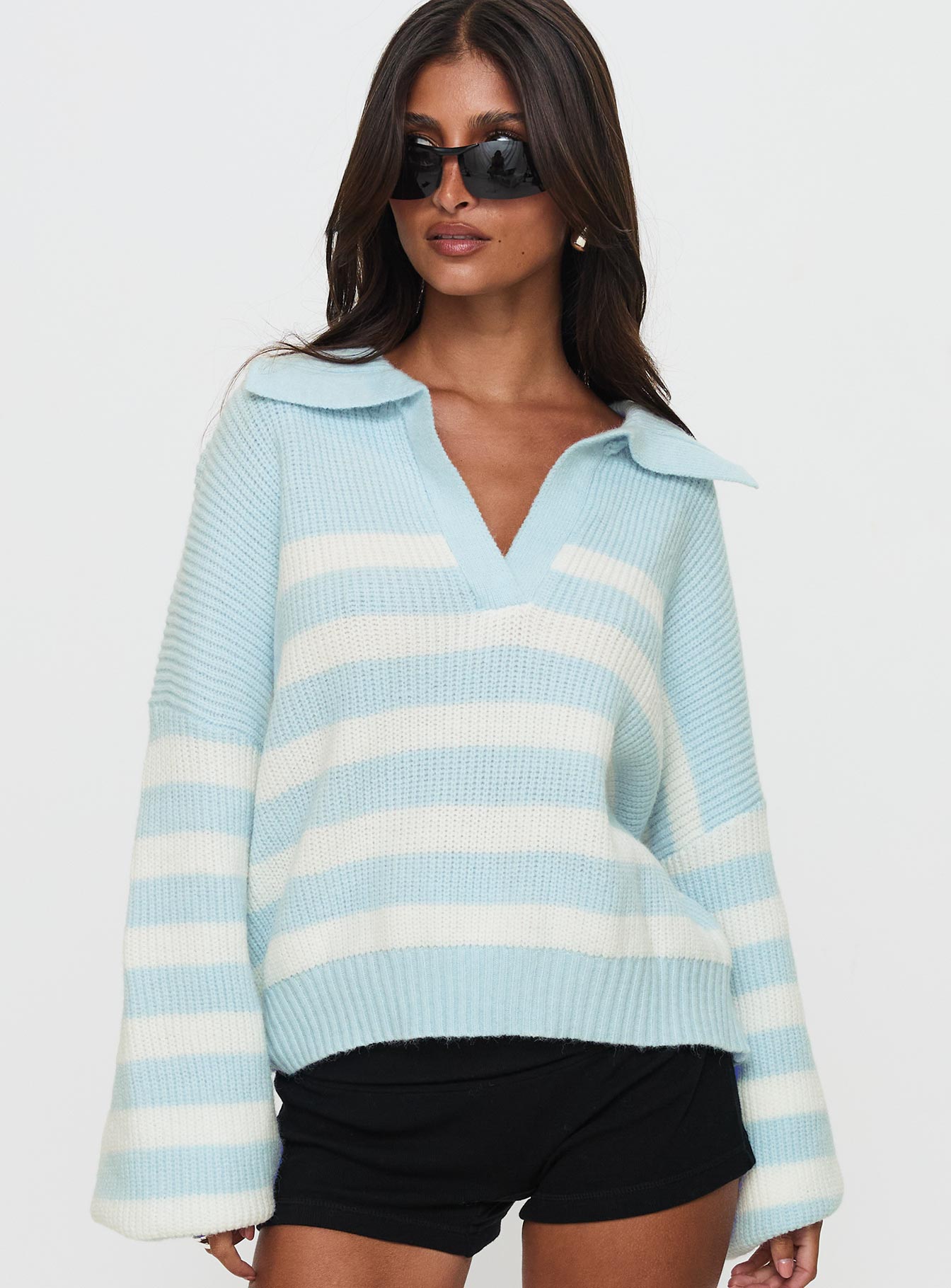 front view of model wearing Princess Polly Carolena Long Sleeve Collared Knit Sweater Blue / White Stripe Long 