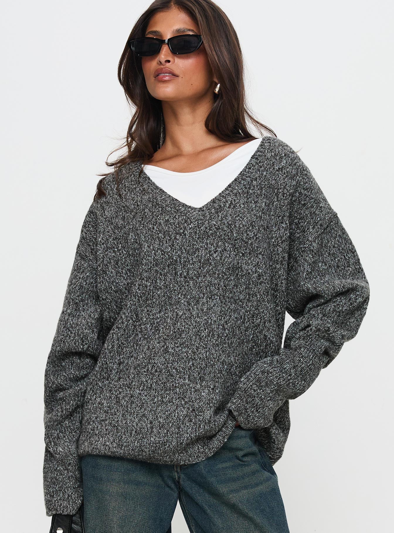 front view of model wearing Princess Polly Beyond My Gaze V Neck Knit Sweater Grey Long 