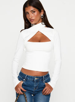 front view of model wearing Princess Polly Ganz Long Sleeve Top White Full Sleeves High Neck 