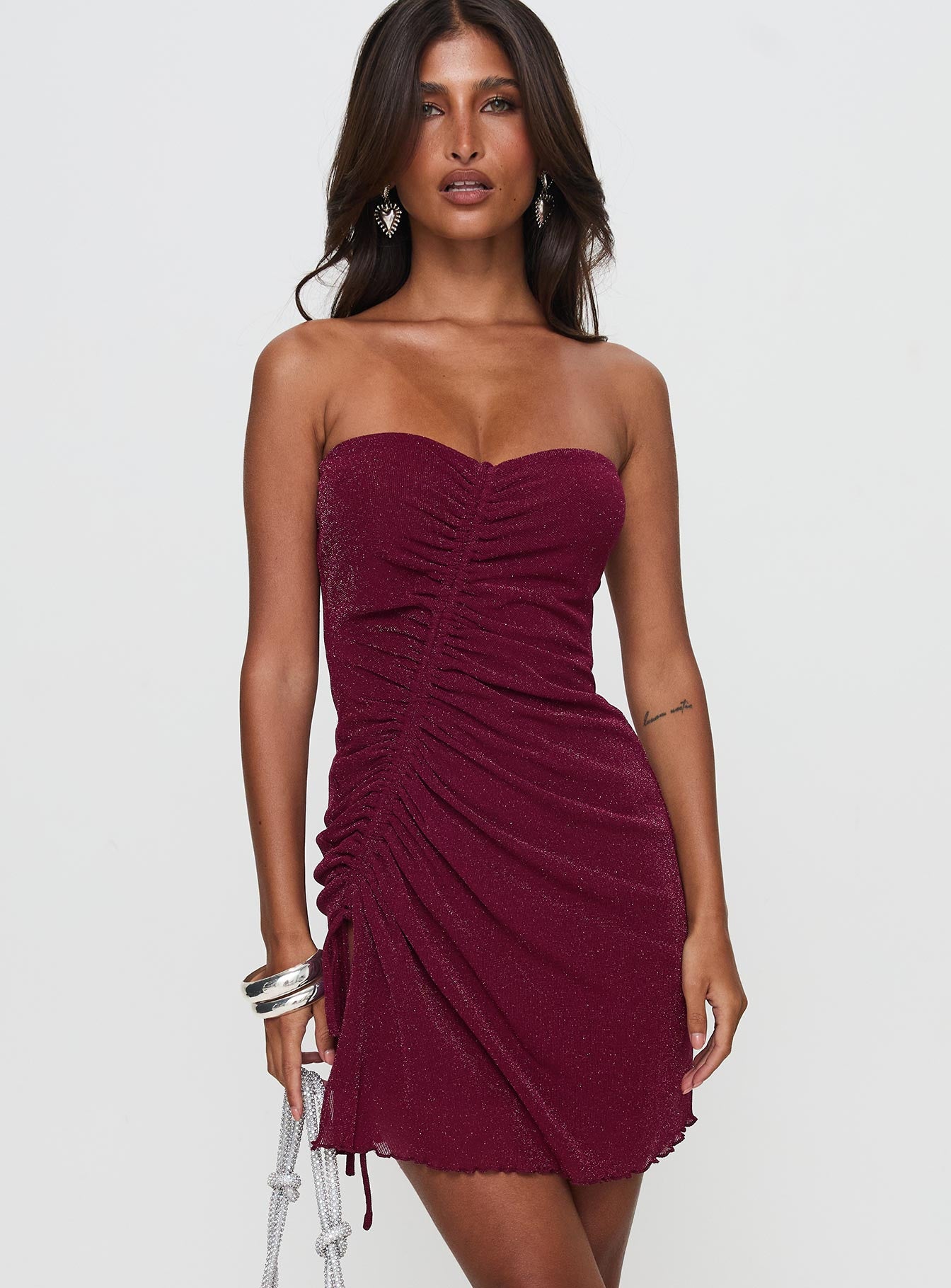 front view of model wearing Princess Polly Me Again Strapless Mini Dress Burgundy Sweetheart Neckline 