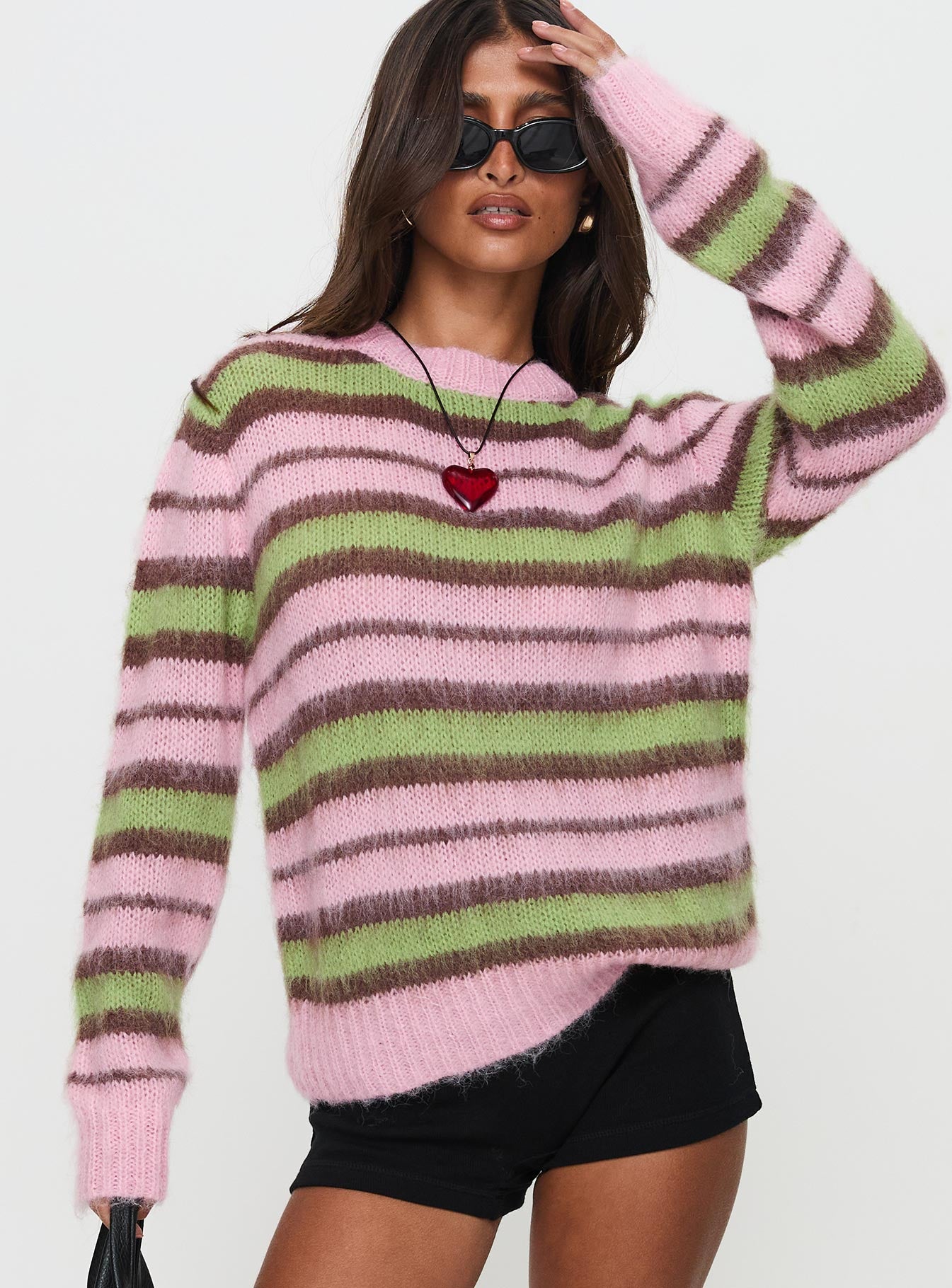 Maysie Crew Neck Knit Sweater Green / Pink | Princess Polly