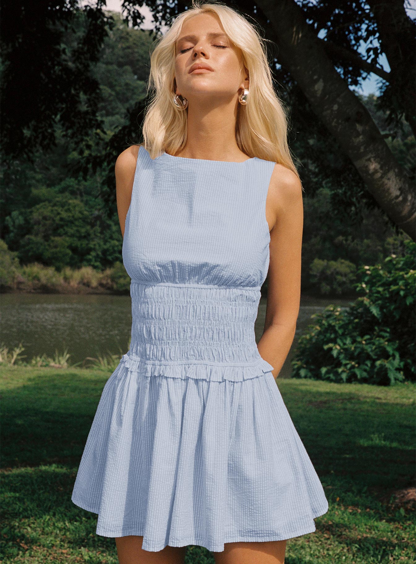 Yennifer Shirred Mini Dress Blue | White | Blue | White | Womens | Princess Polly Yennifer Shirred Mini Dress Blue | White | Blue | White | Womens | Princess Polly