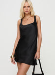 side view of model wearing Princess Polly 90s Baby Satin Mini Dress Black Square Neck 