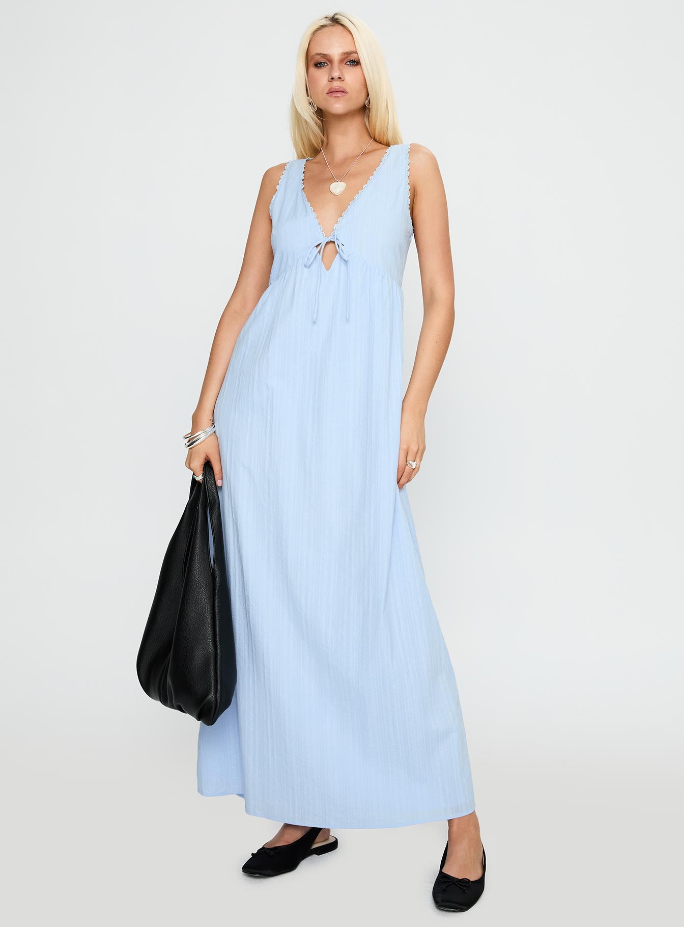 front view of model wearing Princess Polly Elyza Maxi Dress Blue Plunger 