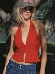 front view of model wearing Princess Polly Pleasing Top Red Sleeveless Plunger 