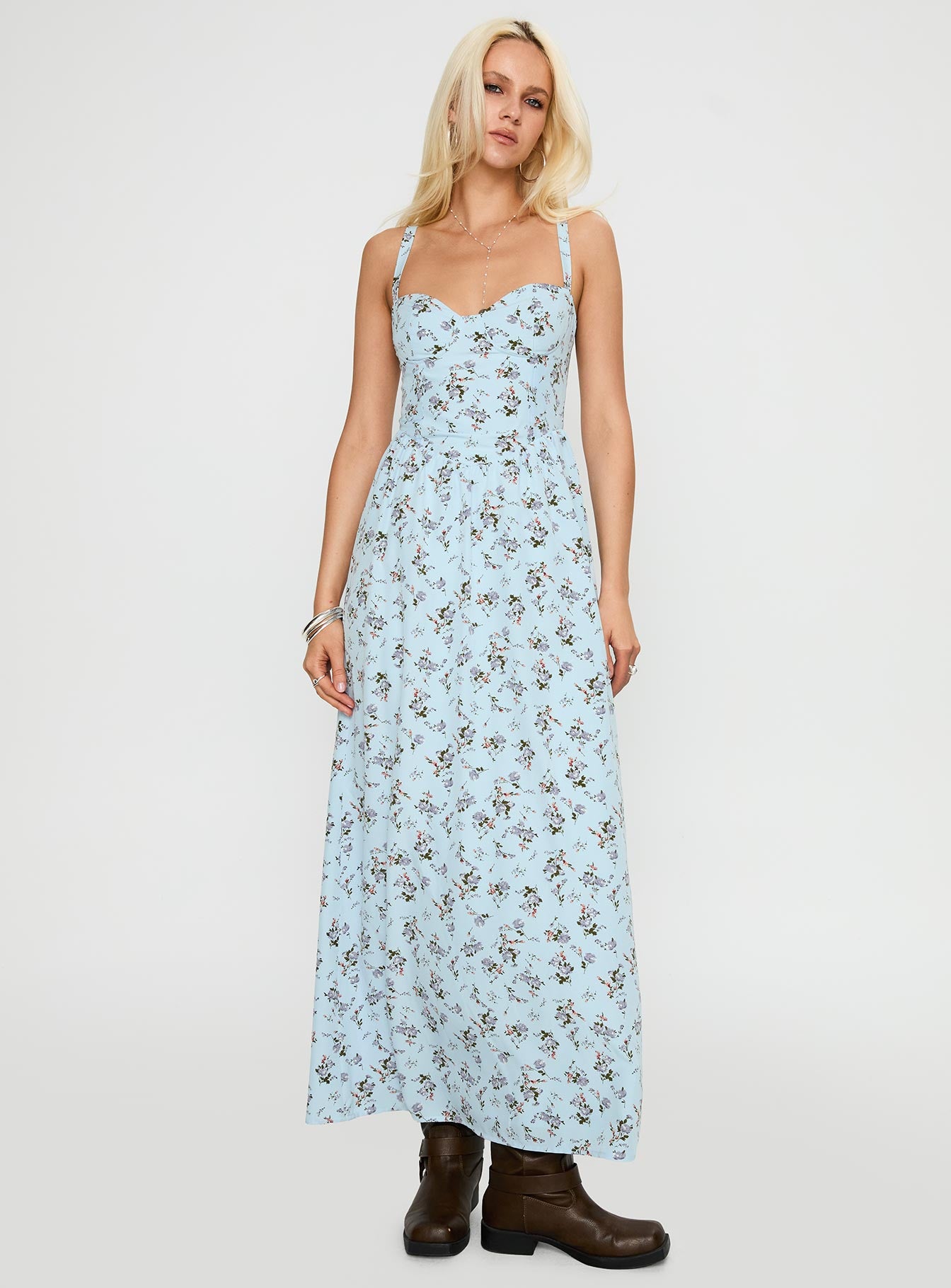 front view of model wearing Princess Polly Izebella Maxi Dress Blue Floral Sweetheart Neckline 