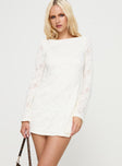 side view of model wearing Princess Polly Lukea Lace Long Sleeve Mini Dress Cream Boat Neck 