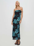 front view of model wearing Princess Polly Celik Maxi Dress Black / Blue Floral Straight Neck 