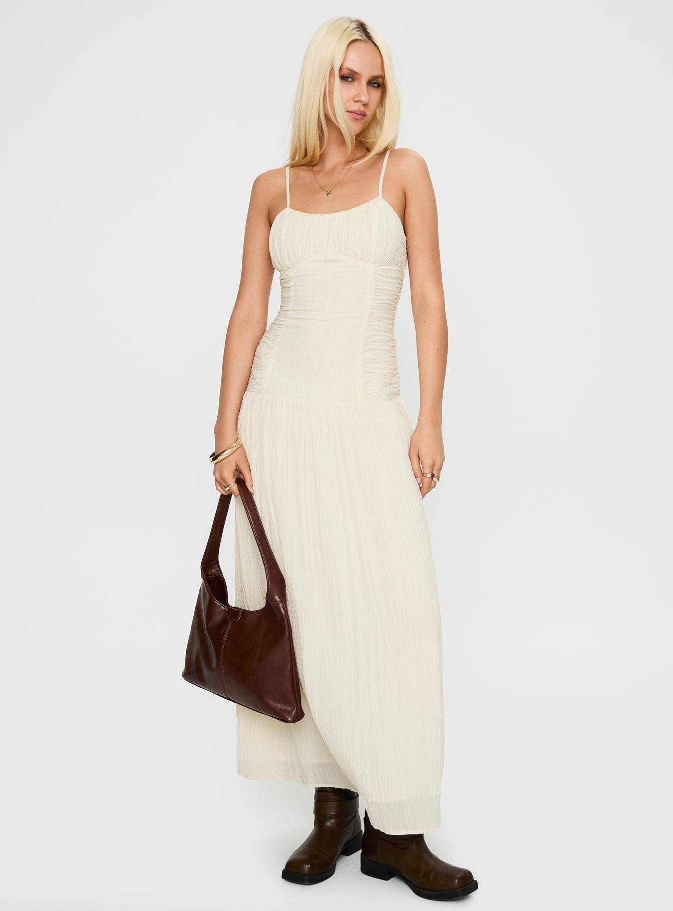 front view of model wearing Princess Polly Quinley Shirred Maxi Dress Cream Scoop Neck 