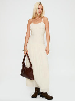 front view of model wearing Princess Polly Quinley Shirred Maxi Dress Cream Scoop Neck 
