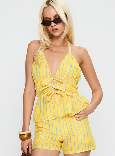 Delicacy Tie Detail Top Yellow Stripe