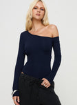 front view of model wearing Princess Polly Caylum One Shoulder Bodysuit Navy Full Sleeves 