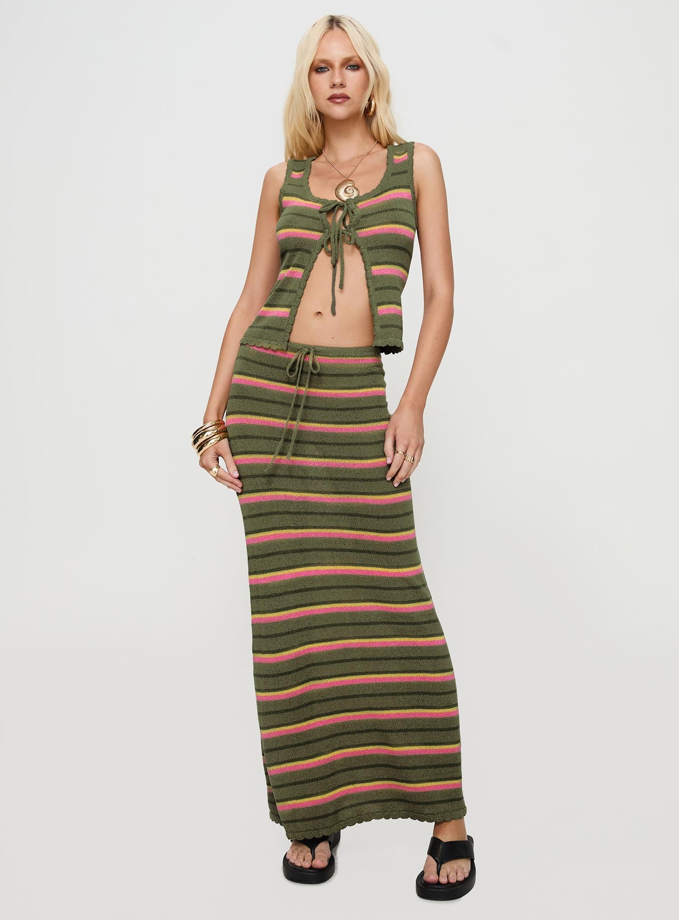   front view of model wearing Princess Polly Giulia Knit Maxi Skirt Green Multi Maxi 