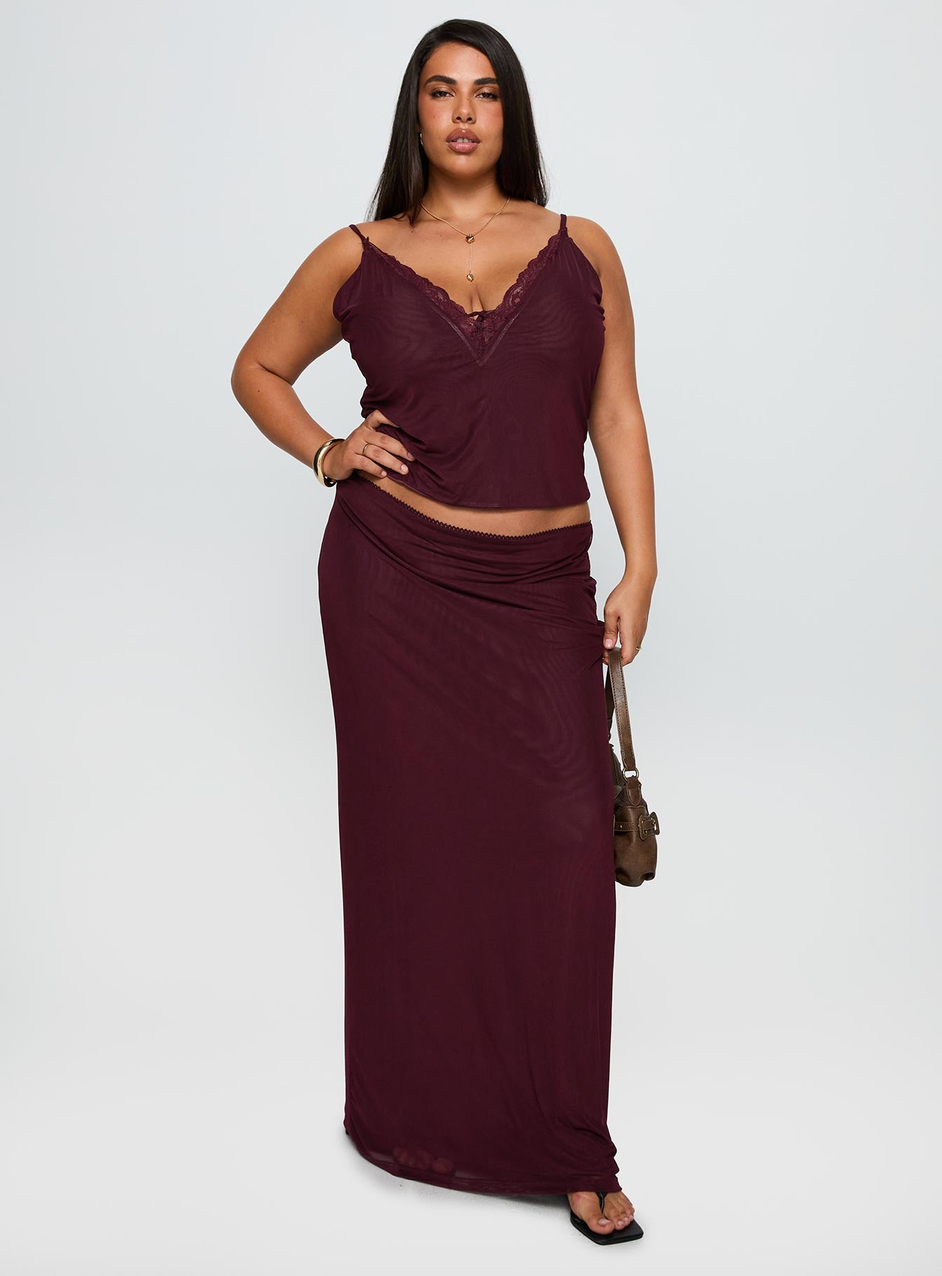 Reiko Lace Trim Tie Front Maxi Set Burgundy Curve