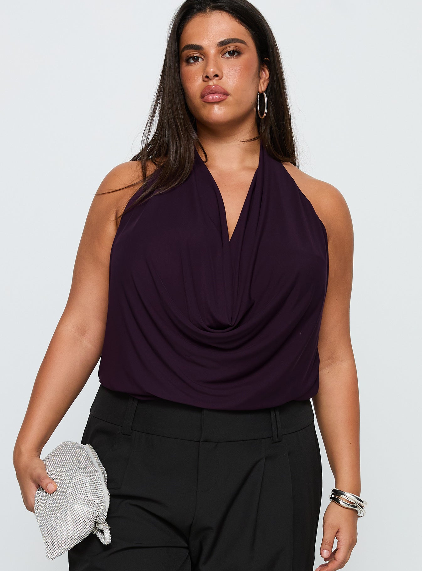 front view of model wearing Princess Polly Carefree Days Cowl Neck Top Purple Curve Sleeveless Cowl 