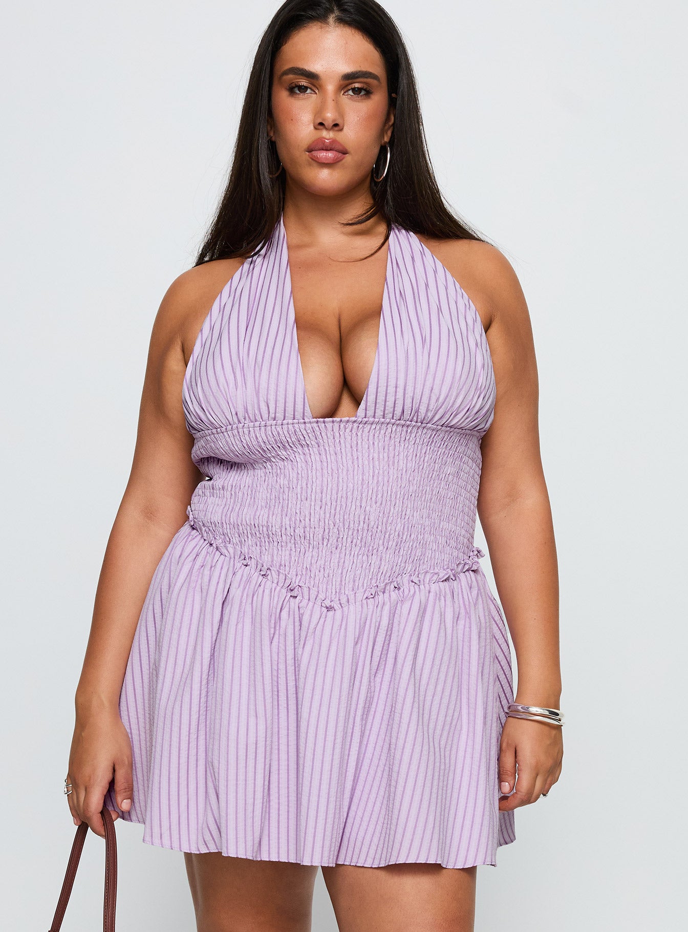 Attracted Halter Mini Dress Purple Stripe Curve | Princess Polly Attracted Halter Mini Dress Purple Stripe Curve | Princess Polly