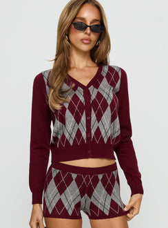 front view of model wearing Princess Polly Raiven Knit Cardigan Burgundy Argyle cropped 