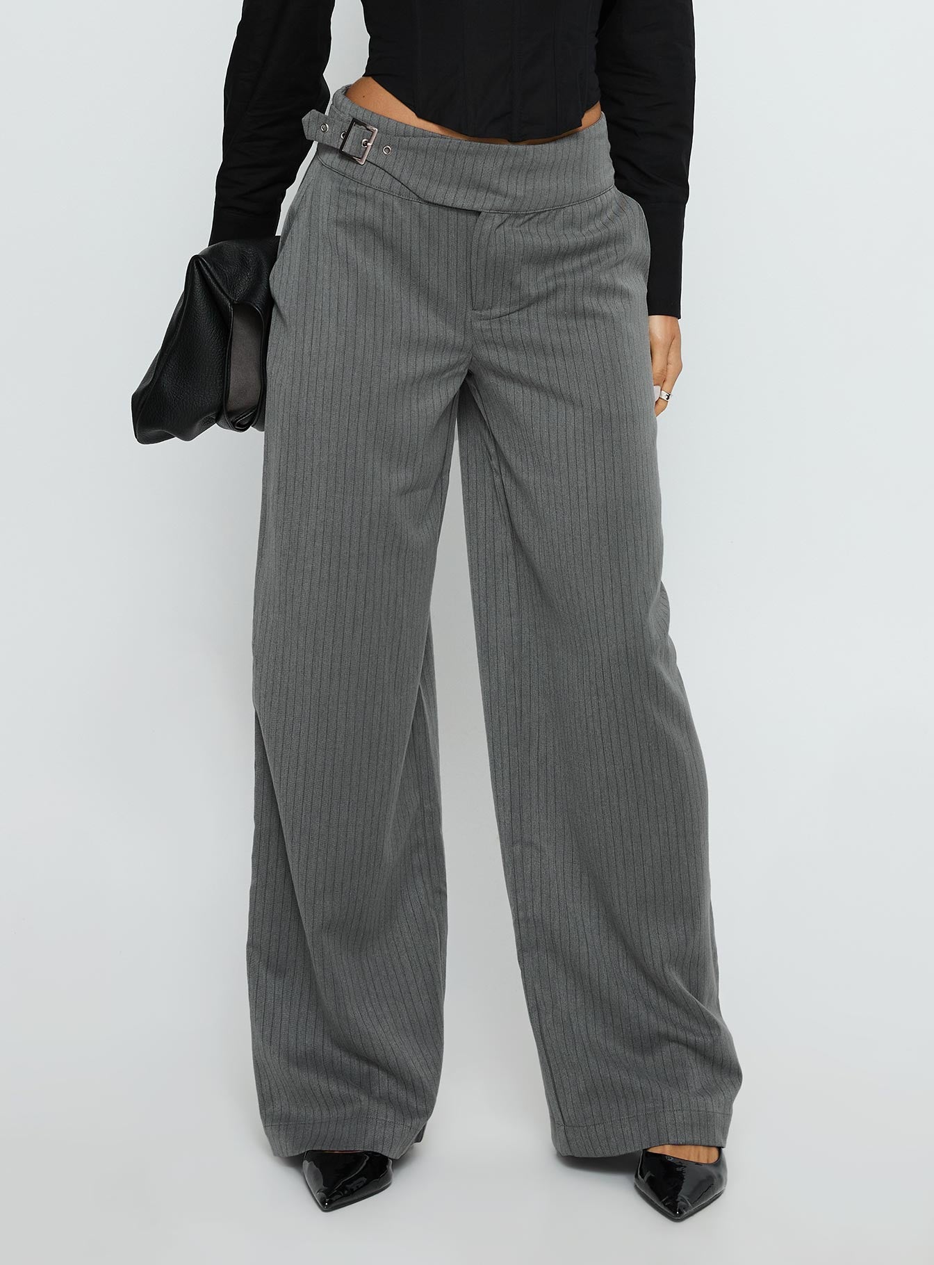 Jinny Relaxed Buckle Tailored Pants Grey Pinstripe | Princess Polly