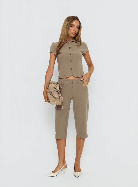 front view of model wearing Princess Polly Tunian Capri Tailored Pants Taupe Mid Rise Pants 