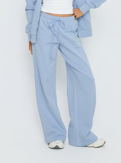 side view of model wearing Princess Polly All Day Straight Leg Sweatpants Icy Blue Mid Rise Pants 