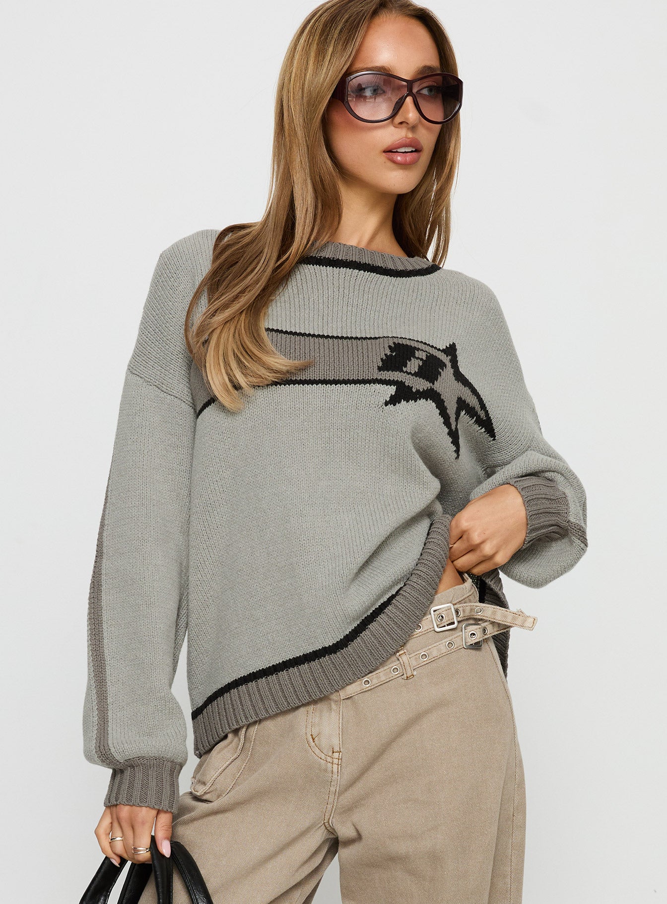 front view of model wearing Princess Polly Star Track Graphic Jumper Grey Longline Jumpers 
