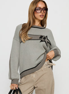 front view of model wearing Princess Polly Star Track Graphic Jumper Grey Longline Jumpers 