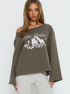 front view of model wearing Princess Polly Blue Ridge Mountains Off Shoulder Graphic Sweater Grey 
