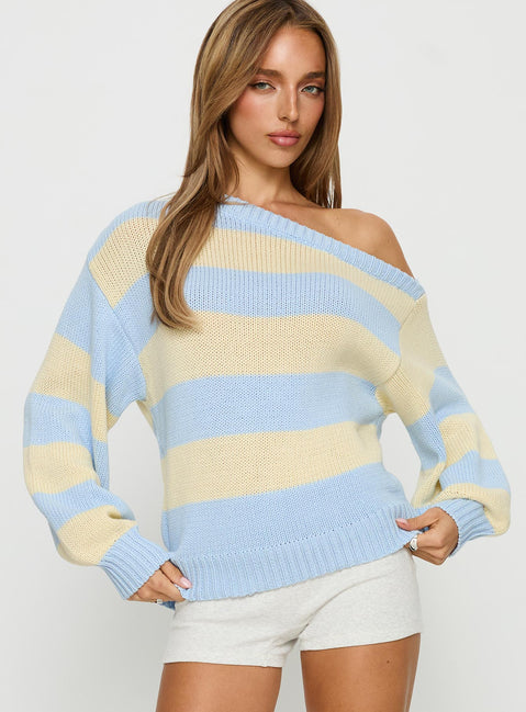 Alvena Off Shoulder Knit Sweater Blue stripe